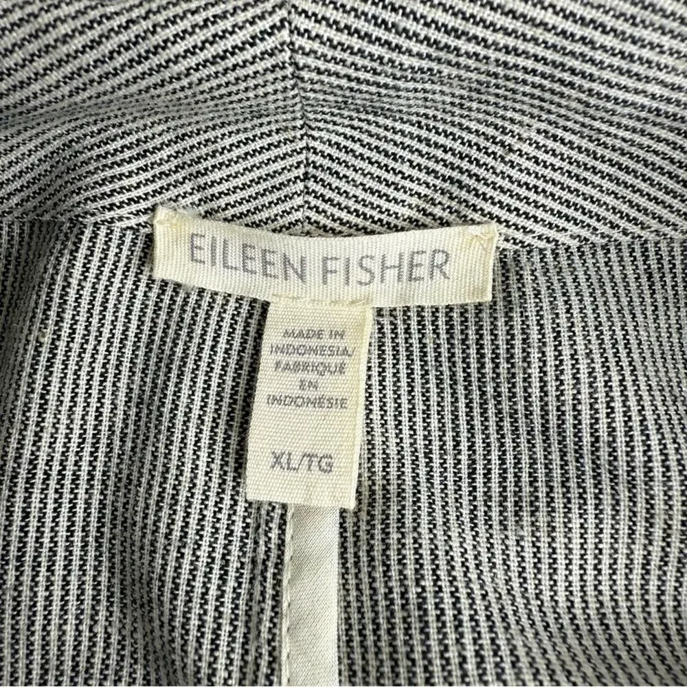 EILEEN FISHER Organic Cotton Linen Blend Open Front Jacket Black White Stripe XL